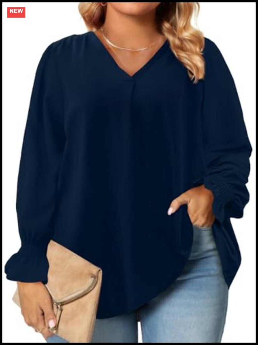 Plus Size Chiffon Blouse V Neck Puff Long Sleeve Pleated Top